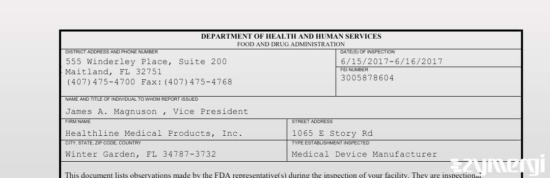 FDANews 483 Healthline Medical Products, Inc. Jun 16 2017 top