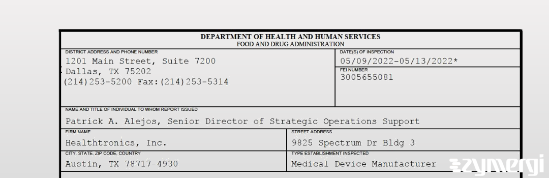 FDANews 483 Healthtronics, Inc. May 13 2022 top