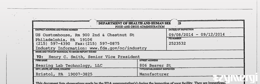 FDANews 483 Hearing Lab Technology, LLC Sep 12 2014 top