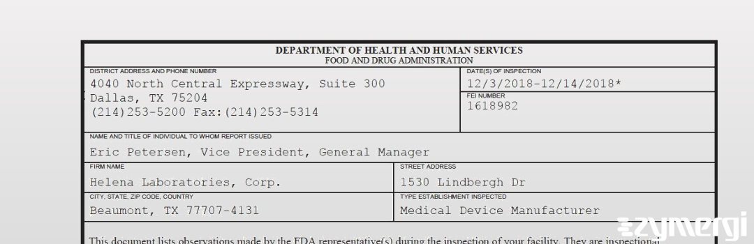 FDANews 483 Helena Laboratories, Corp. Dec 14 2018 top