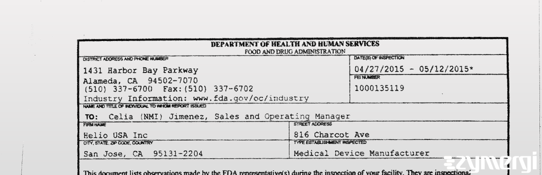 FDANews 483 Helio USA Inc May 12 2015 top