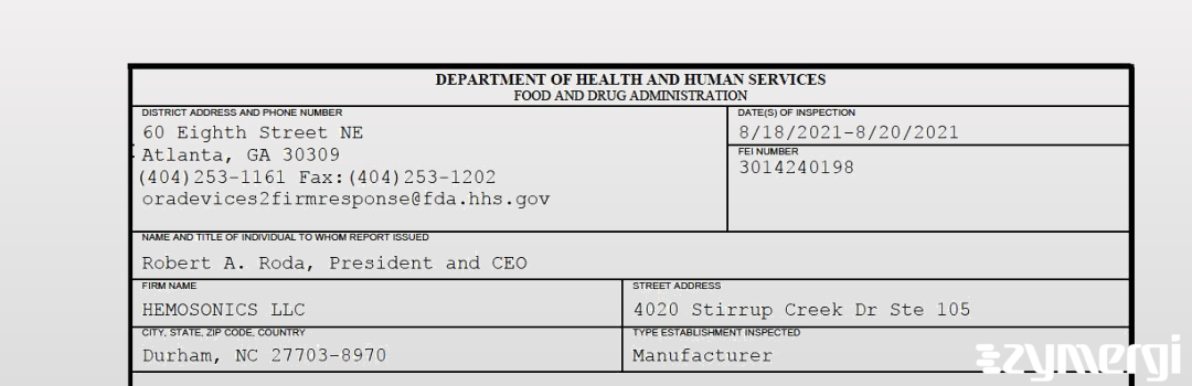 FDANews 483 HEMOSONICS LLC Aug 20 2021 top