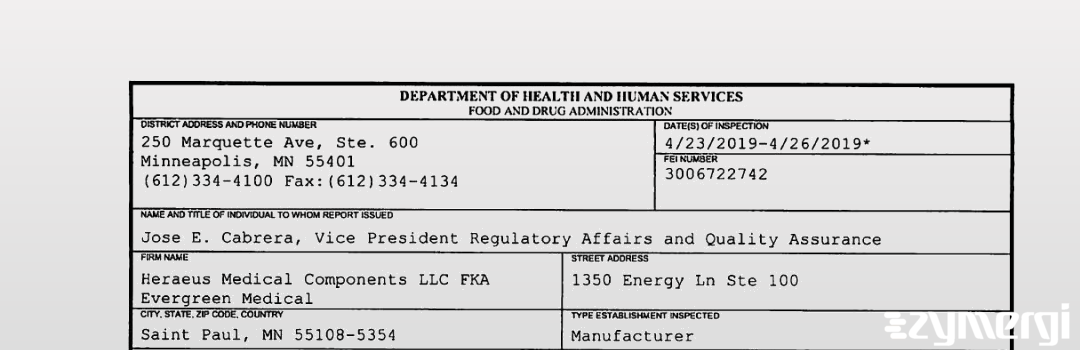 FDANews 483 Heraeus Medical Components LLC FKA Evergreen Medical Apr 26 2019 top