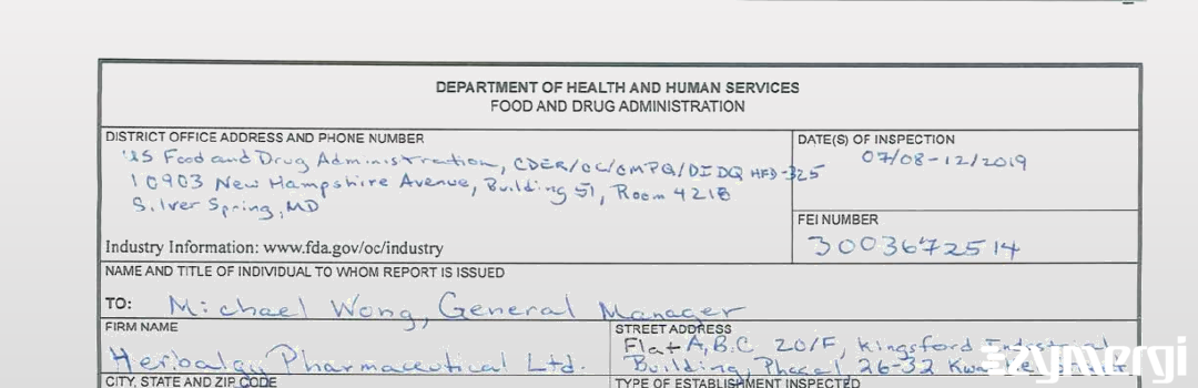 FDANews 483 Herbalgy Pharmaceutical Ltd. Jul 12 2019 top