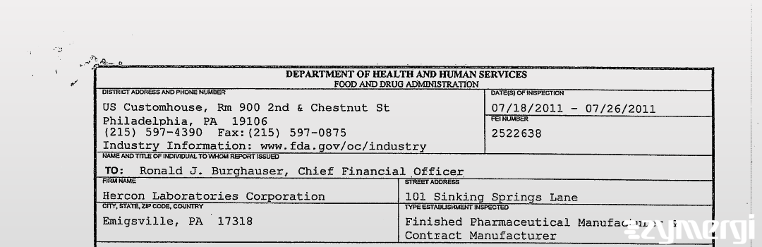 FDANews 483 Hercon Laboratories Corporation Jul 26 2011 top