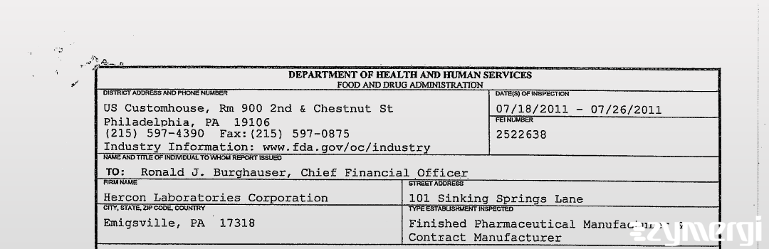 FDANews 483 Hercon Laboratories Corporation Jul 26 2011 top