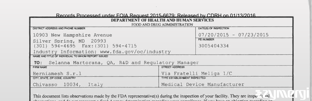 FDANews 483 Herniamesh S.r.l Jul 23 2015 top