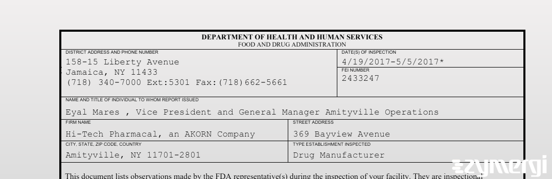 FDANews 483 Hi-Tech Pharmacal, an AKORN Company May 5 2017 top