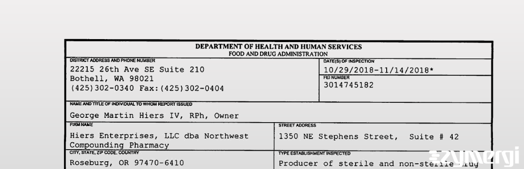 FDANews 483 Hiers Enterprises, LLC dba Northwest Compounding Pharmacy Nov 14 2018 top