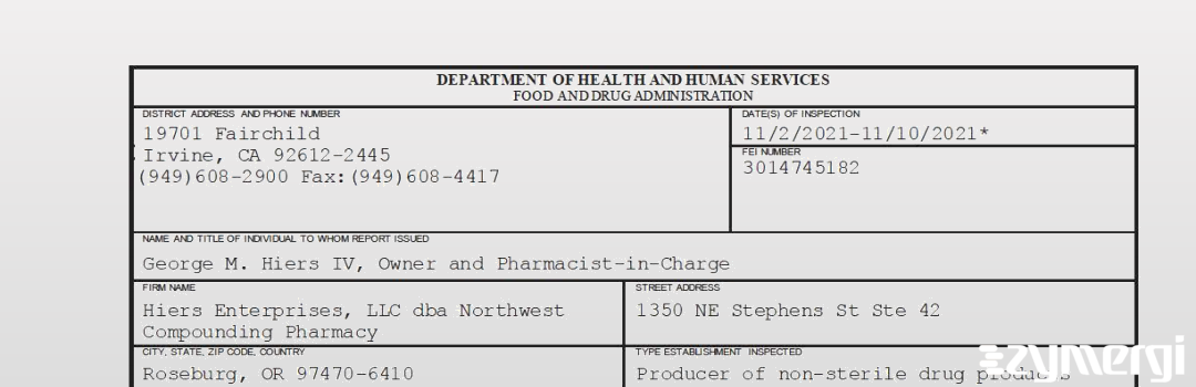 FDANews 483 Hiers Enterprises, LLC dba Northwest Compounding Pharmacy Nov 10 2021 top