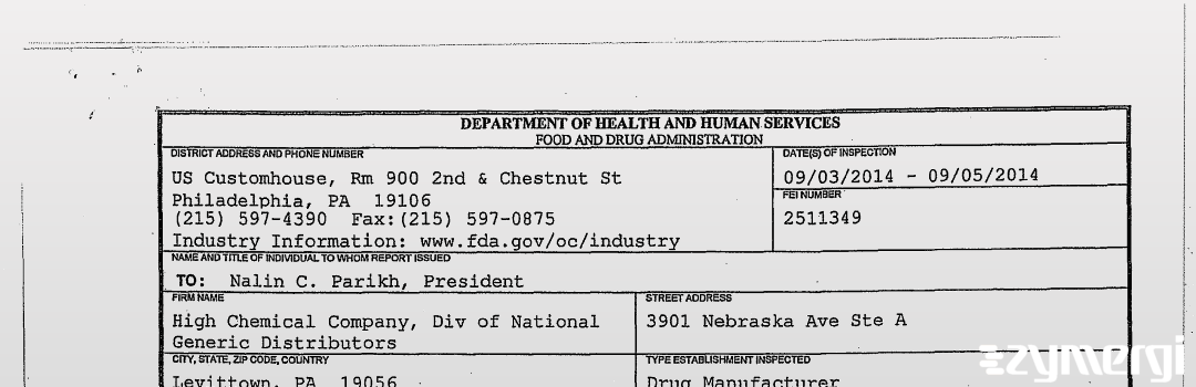 FDAzilla 483 High Chemical Company, Div of National Generic Distributors Sep 5 2014 top