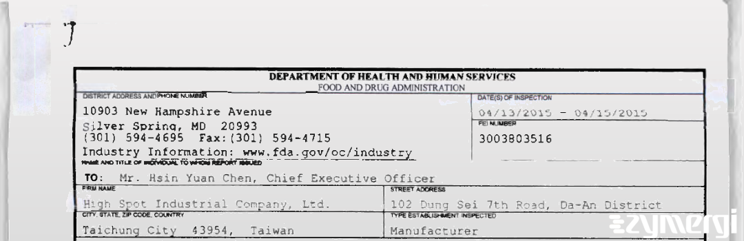 FDANews 483 High Spot Industrial Company, Ltd. Apr 15 2015 top