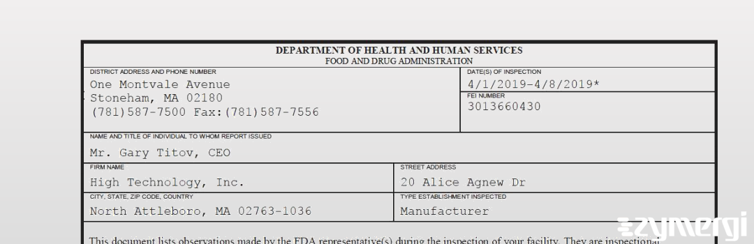 FDANews 483 High Technology, Inc. Apr 8 2019 top