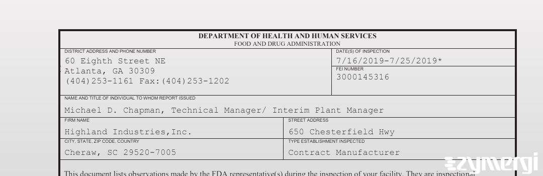 FDANews 483 Highland Industries,Inc. Jul 25 2019 top