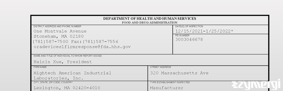 FDANews 483 Hightech American Industrial Laboratories, Inc. Jan 25 2022 top