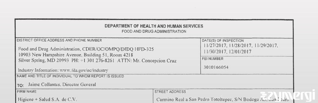 FDANews 483 Higiene + Salud, S.A. de C.V. Dec 1 2017 top