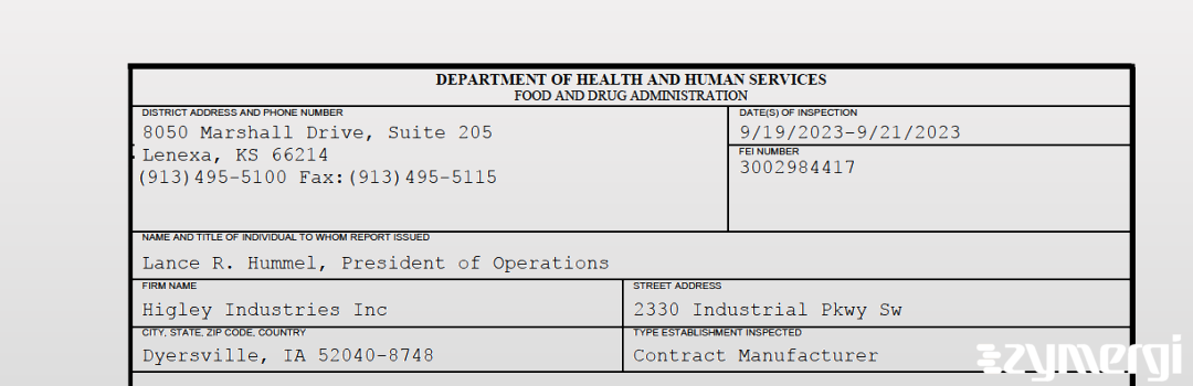 FDANews 483 Higley Industries Inc Sep 21 2023 top