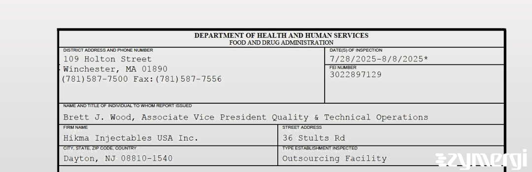 FDANews 483 Hikma Injectables USA Inc Aug 8 2025 top