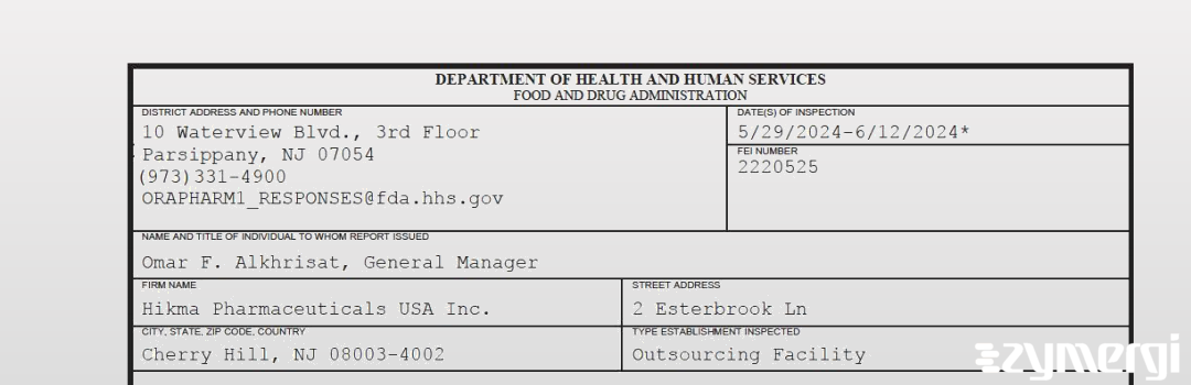 FDANews 483 Hikma Pharmaceuticals USA Inc. Jun 12 2024 top