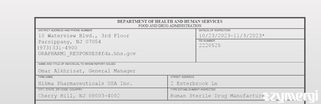 FDANews 483 Hikma Pharmaceuticals USA Inc. Nov 3 2023 top