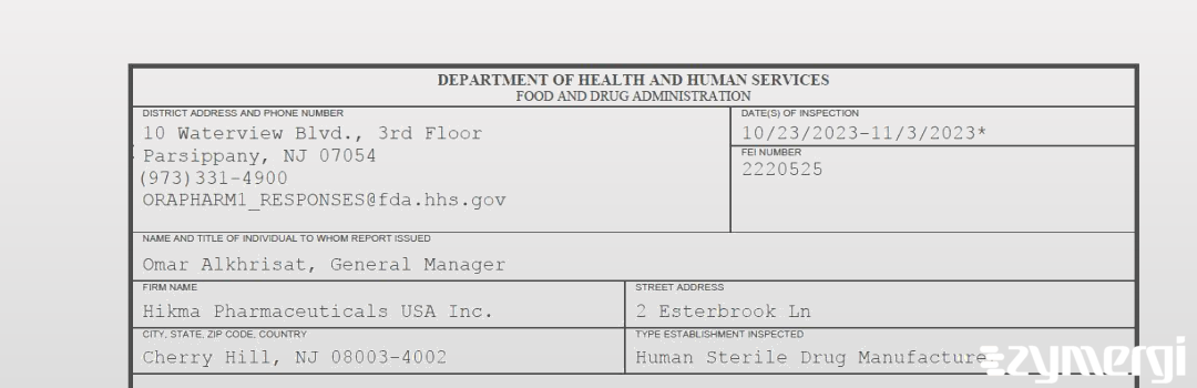 FDANews 483 Hikma Pharmaceuticals USA Inc. Nov 3 2023 top
