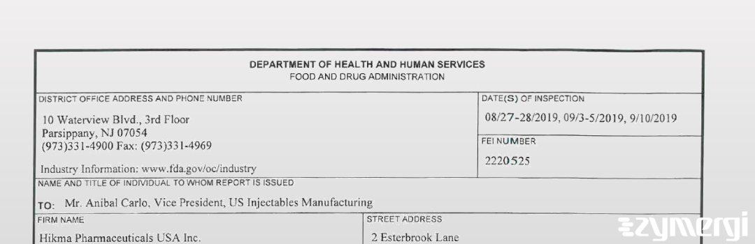 FDANews 483 Hikma Pharmaceuticals USA Inc. Sep 10 2019 top