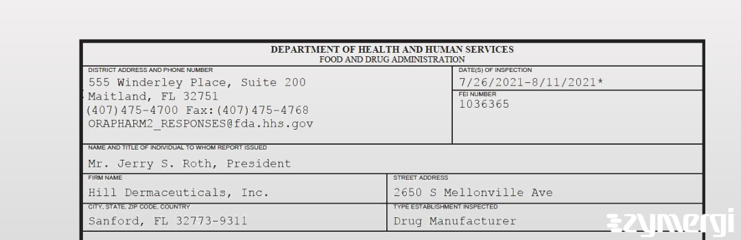 FDANews 483 Hill Dermaceuticals, Inc. Aug 11 2021 top