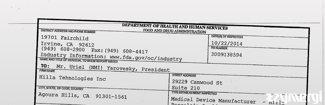 FDANews 483 Hilla Tehnologies Inc Oct 22 2014 top