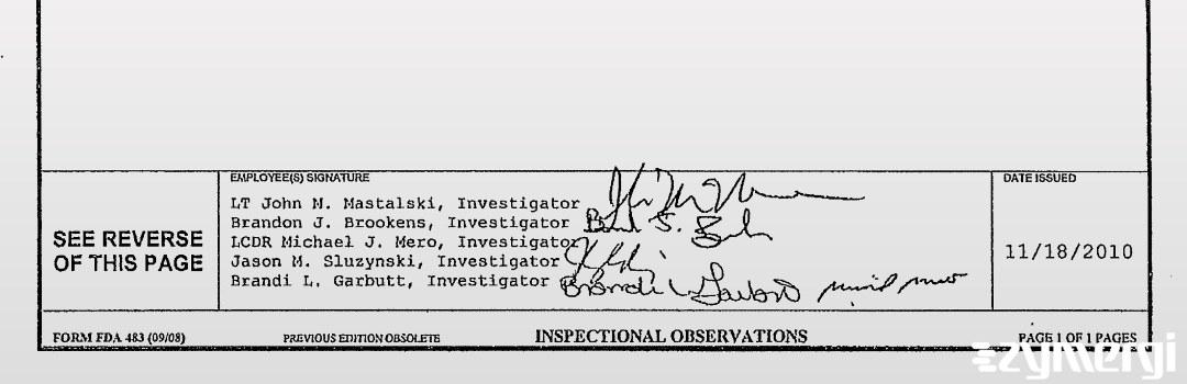 Brandi L. Garbutt FDA Investigator Brandon J. Brookens FDA Investigator Michael J. Mero FDA Investigator Jason M. Sluzynski FDA Investigator John M. Mastalski FDA Investigator 