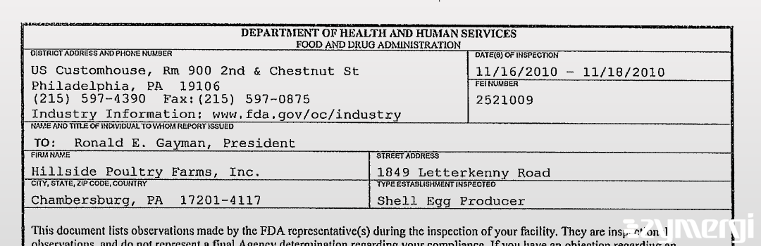 FDANews 483 Hillside Poultry Farms, Inc. Nov 18 2010 top