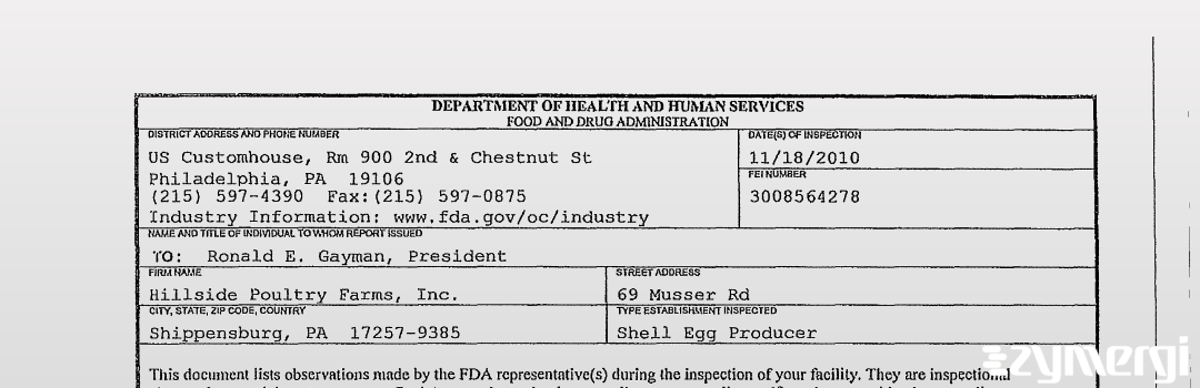 FDANews 483 Hillside Poultry Farms, Inc. Nov 18 2010 top