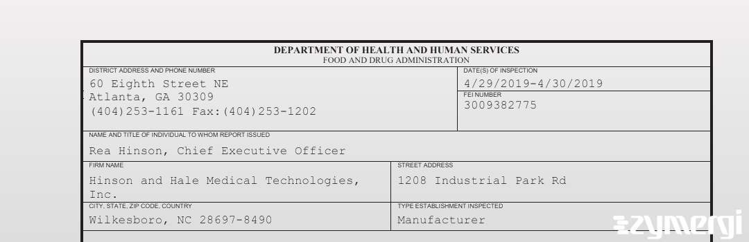 FDANews 483 Hinson and Hale Medical Technologies, Inc. Apr 30 2019 top