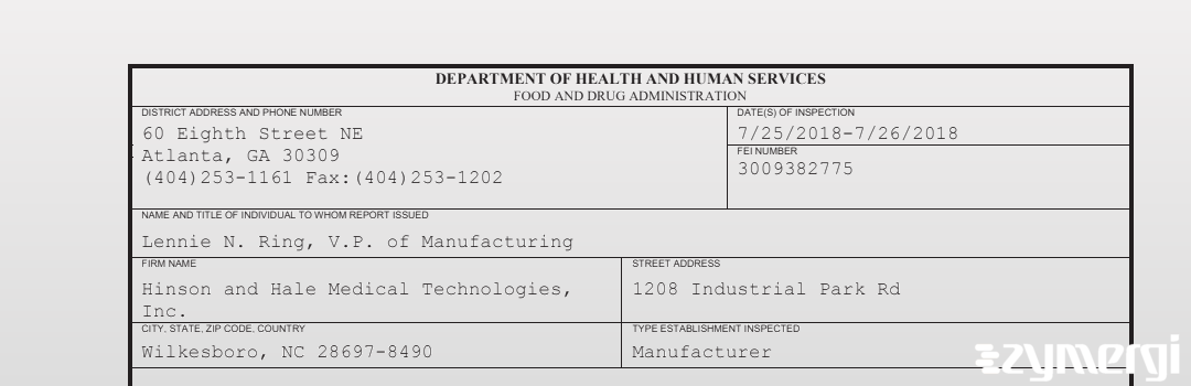 FDANews 483 Hinson and Hale Medical Technologies, Inc. Jul 26 2018 top