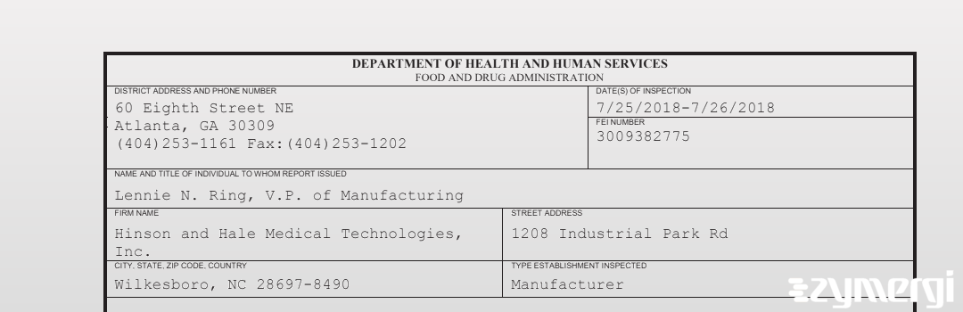 FDANews 483 Hinson and Hale Medical Technologies, Inc. Jul 26 2018 top