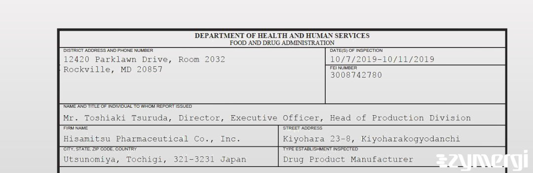 FDANews 483 Hisamitsu Pharmaceutical Co., Inc. Oct 11 2019 top