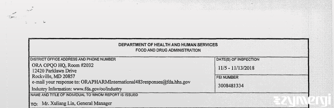 FDANews 483 Hisun Pharmaceutical Hangzhou Co., Ltd Nov 13 2018 top