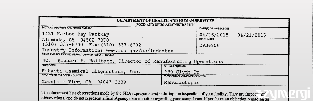 FDANews 483 Hitachi Chemical Diagnostics Inc Apr 21 2015 top