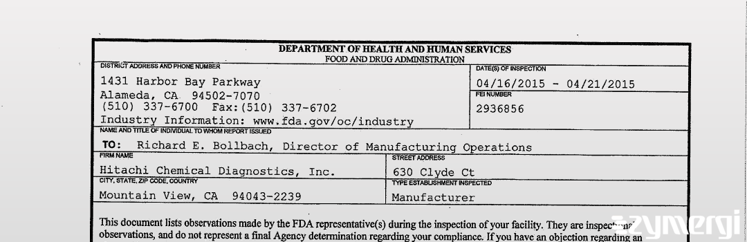 FDANews 483 Hitachi Chemical Diagnostics Inc Apr 21 2015 top