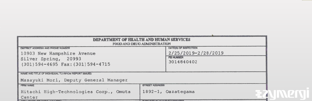 FDANews 483 Hitachi High-Technologies Corp., Omuta Center Feb 28 2019 top