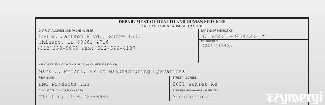 FDANews 483 HNC Products Inc. Aug 24 2021 top