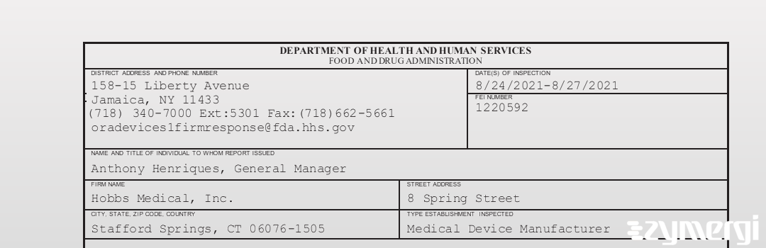 FDANews 483 Hobbs Medical, Inc. Aug 27 2021 top