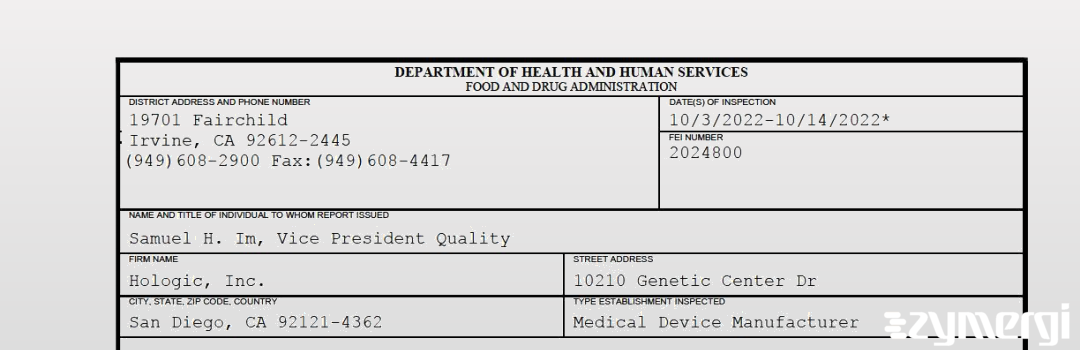 FDANews 483 Hologic, Inc. Oct 14 2022 top