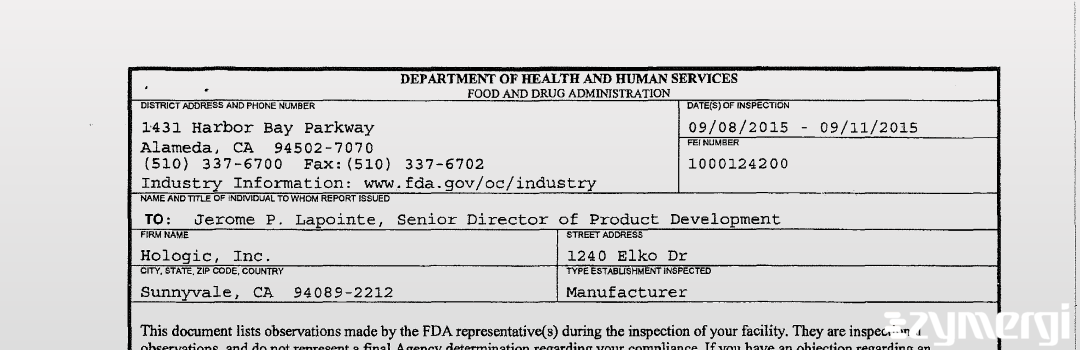 FDANews 483 Hologic, Inc. Sep 11 2015 top