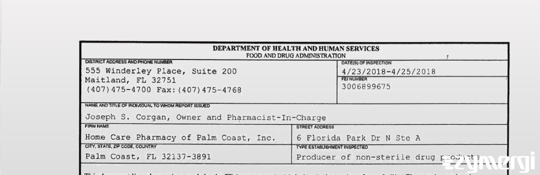 FDANews 483 Home Care Pharmacy of Palm Coast, Inc. Apr 25 2018 top