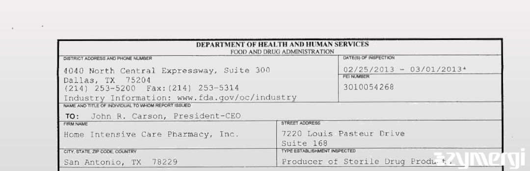 FDANews 483 Home Intensive Care Pharmacy, Inc. Mar 1 2013 top