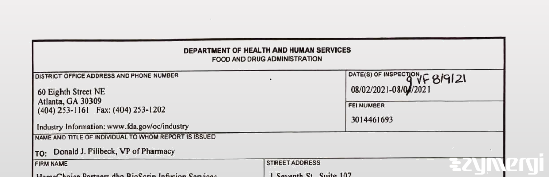 FDANews 483 HomeChoice Partners dba BioScript Infusion Services Aug 9 2021 top