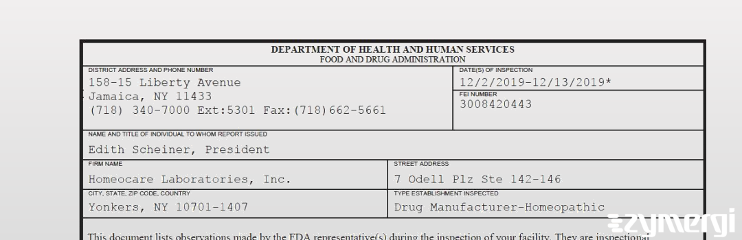 FDANews 483 Homeocare Laboratories, Inc. Dec 13 2019 top