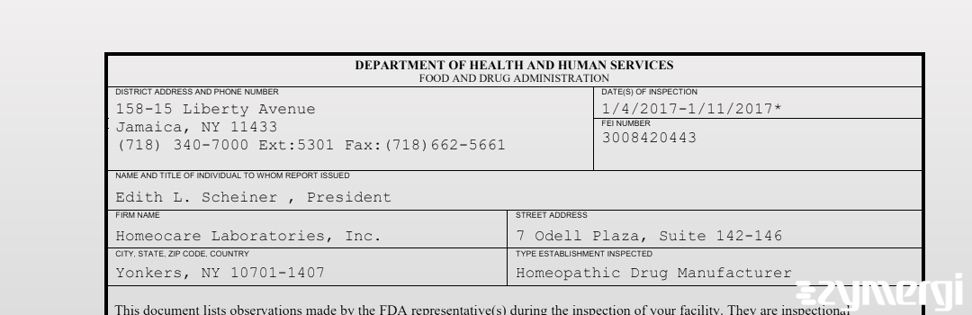 FDANews 483 Homeocare Laboratories, Inc. Jan 11 2017 top