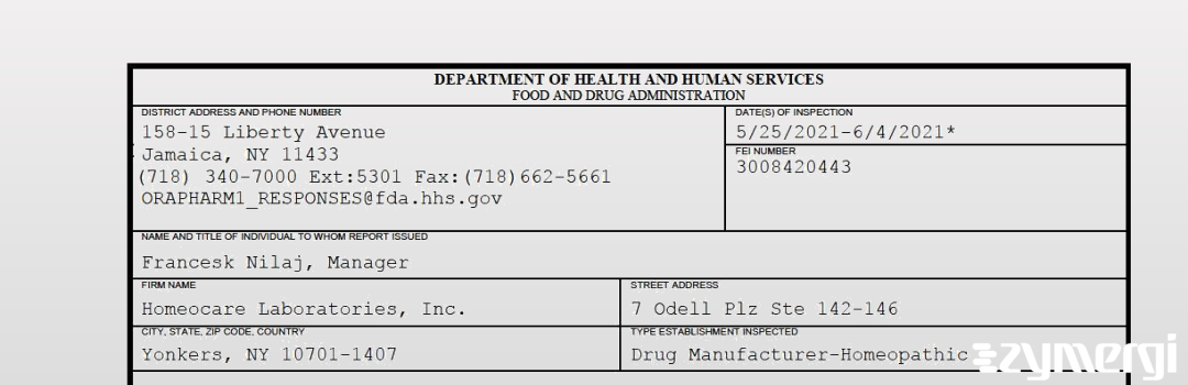 FDANews 483 Homeocare Laboratories, Inc. Jun 4 2021 top