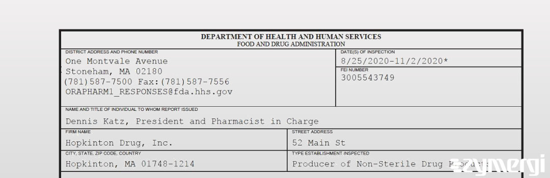 FDANews 483 Hopkinton Drug, Inc. Nov 2 2020 top